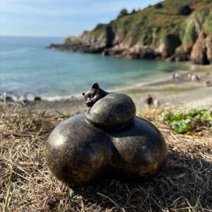 Cat Resting On a Heart Cremation Urn Memorial Bronze Sculpture